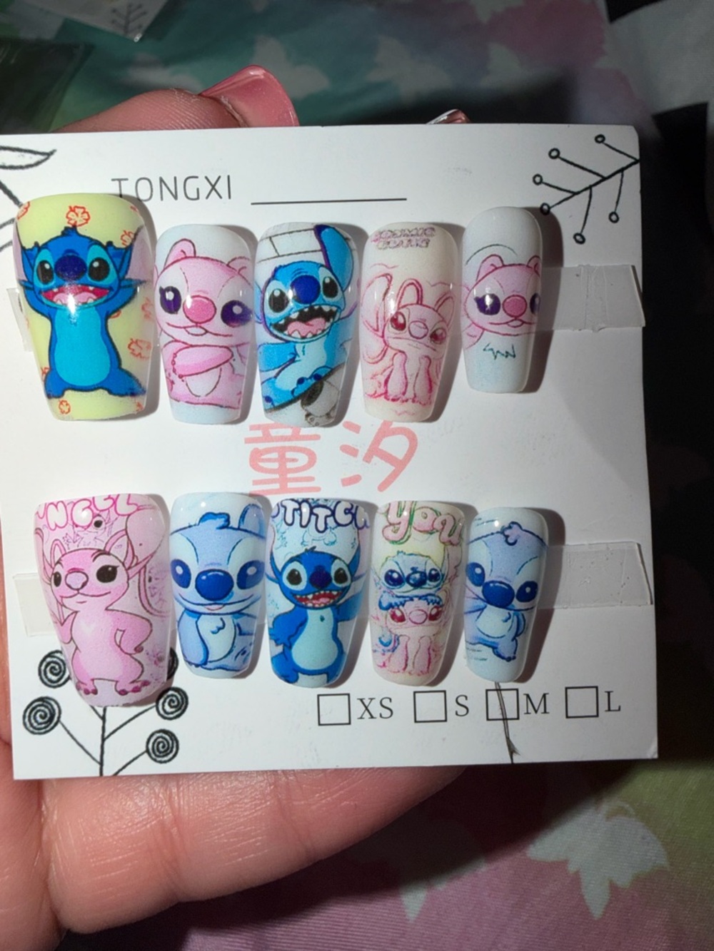 Tongxi Lilo & Stitch Press-On Nails - Blue & Pink Cartoon Set